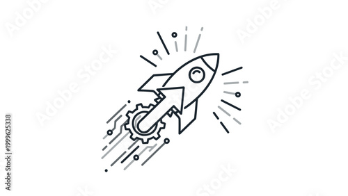 Futuristic rocket launching with an integrated gear and upward arrow, surrounded by dynamic tech lines, symbolizing engineered innovation, rapid progress, and technological advancement.