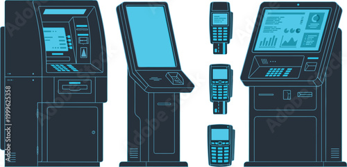 Self Service Kiosk and Payment Terminal Vector Illustration Set with ATM Machines, Touchscreen POS Systems and Card Reader Devices for Retail Technology Design