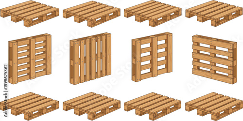 Vector illustration of wooden pallets in different designs and perspectives with structural details in decorative design