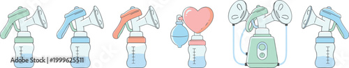 Vector illustration of breast pumps in manual and electric designs with bottles and suction funnels in decorative design