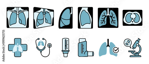 Human Lungs Medical Icon Set for Pulmonology and Respiratory Healthcare Diagnostics, including X-ray scans, Inhalers, Stethoscope, and Microscope equipment, Vector illustration on white background.