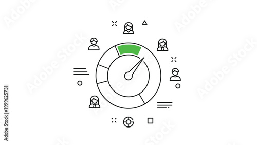 Dynamic gauge or speedometer surrounded by people icons, with a green filled segment, symbolizing performance metrics, team progress, and social engagement analytics.