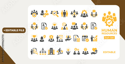 Human resources icon set. featuring recruitment, leadership, teamwork, and employee management elements in blue flat style for corporate business and workforce	