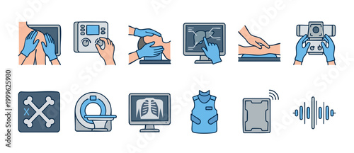 Medical Imaging Diagnostic Icons Set, Radiology Equipment and Radiology Procedures, Healthcare Technology Vector Illustrations for Hospital, Clinic, Diagnostic Center, and Clinical Laboratory Professi