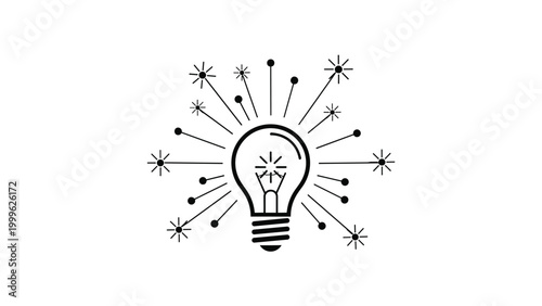 Bright light bulb with radiating rays and stars, symbolizing a brilliant idea, widespread innovation, and creative solutions inspiring others.