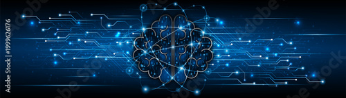 A high-tech digital brain icon on a blue electrical circuit background. Conceptual representation of intelligent automation, artificial neural networks, and intelligent technology systems.
