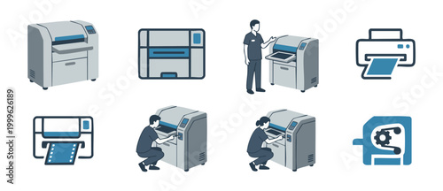 Industrial Printer and Technician Icons Set for Print Production Workflow and Professional Document Management Systems, Vector Style Flat Illustrations for Office Technology and Commercial Printing Se
