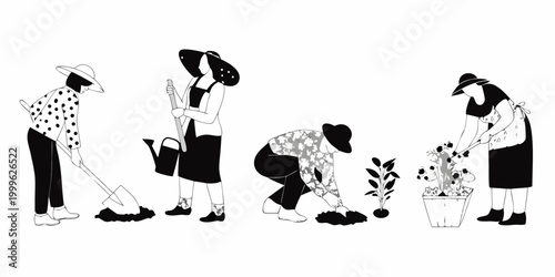 Gardening figures silhouettes vector illustration of people tending plants