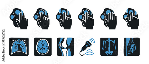 Ultrasound Probe Operation Icons Set - Diagnostic Medical Imaging Controls and Human Anatomy Scans for Clinical Healthcare UI Design, Radiology Exam Procedures, Technical Manuals, and Hospital Softwar
