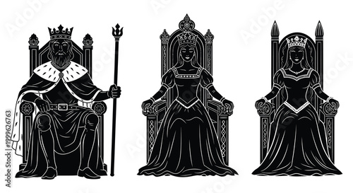 Royal family portrait with king and two queens in ornate thrones black silhouette high quality professional detailed modern elegant stylish clean