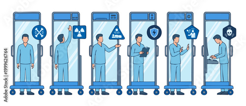 Medical Radiology Procedures Infographic Set, Hospital Diagnostic Imaging Icons with X-Ray Technicians and Radiation Safety Warning Signs for Clinical Healthcare Workflow Analysis and Patient Protecti