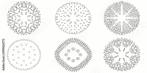 Tree canopy line art set six variations on white background