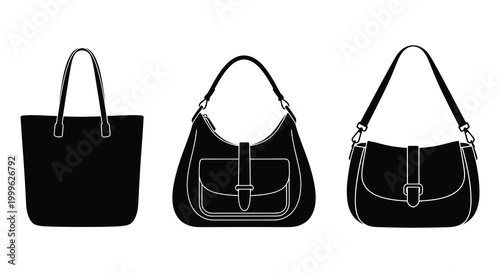 Three handbag silhouettes in black and white front side and angled views silhouette high quality professional detailed modern elegant stylish clean
