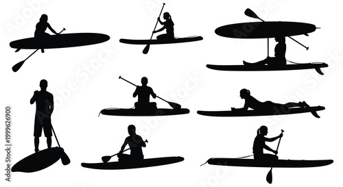 Collection of paddleboarders and surfer silhouettes in various poses black and white silhouette high quality professional detailed modern elegant stylish clean