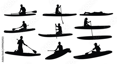 Various people paddling canoes and kayaks in black silhouette high quality professional detailed modern elegant stylish clean crisp vibrant colorful digital