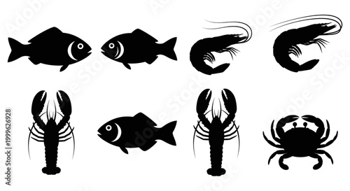 Collection of seafood silhouettes including fish, shrimp, lobster, and crab on white background