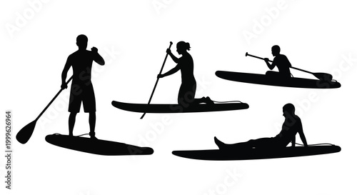 Silhouette of people paddleboarding and kayaking on the water black and white silhouette high quality professional detailed modern elegant stylish clean