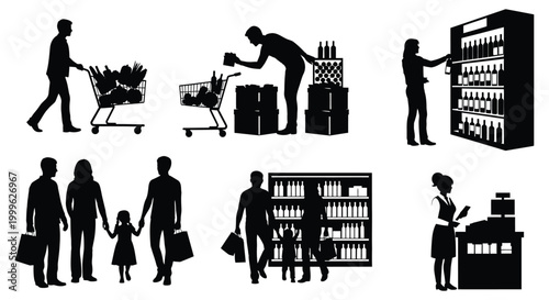 Grocery shopping scene with people and shelves black silhouette high quality professional detailed modern elegant stylish clean crisp vibrant colorful digital