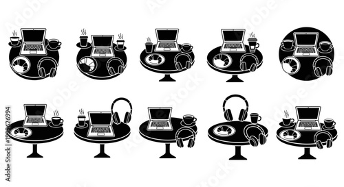 Collection of various black and white DJ station setups with laptops and equipment.
