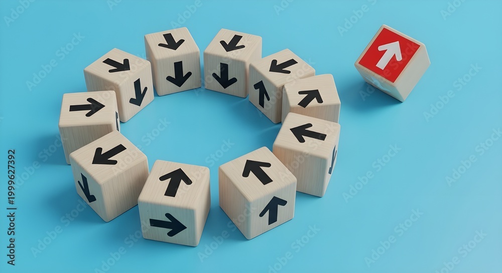Fototapeta premium Arrows on wooden cubes, one red cube breaks circle, concept of individuality, change, and innovation