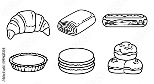 Assorted baked goods and sandwiches illustrations, including croissant, quiche, pancakes, and more.