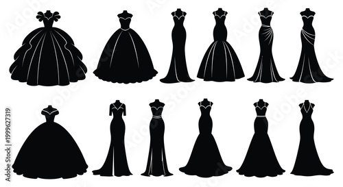 Collection of various evening and wedding dresses in black silhouette high quality professional detailed modern elegant stylish clean crisp vibrant colorful