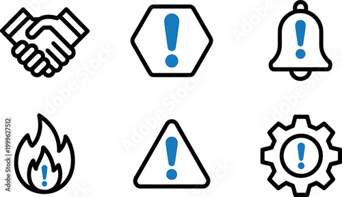 Set of six warning and agreement icons with exclamation marks inside shapes isolated on transparent background