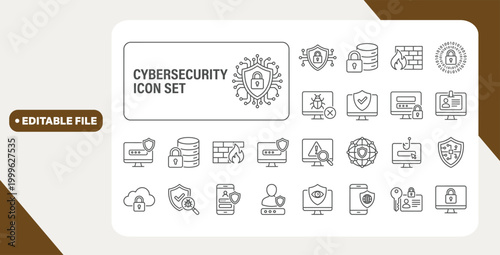 Cybersecurity line icon set for data protection, network security, digital safety, and access control. Essential vector graphics for modern technology design.