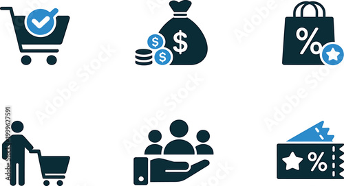 Set of shopping and financial icons representing ecommerce and customer satisfaction concepts
