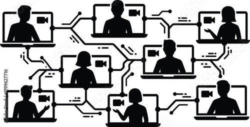 Digital connection network illustrating modern communication and interconnectivity through smartphone technology and silhouettes