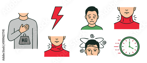 Health Symptoms Icon Set, Physical Pain and Mental Distress Signs, Stress Anxiety Dizziness Fatigue and Neck Tension Medical Symbols for Healthcare Infographics and Wellness Illustrations, Linear Styl