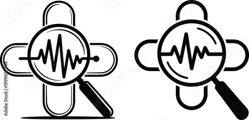 Vector icons representing medical health check or heartbeat analysis with line art black and white heartbeat waveform cardiology research