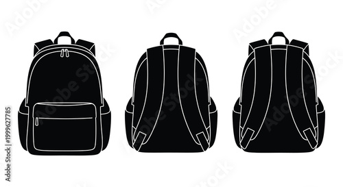 Three black backpack silhouettes displaying front side and back views silhouette high quality professional detailed modern elegant stylish clean crisp vibrant