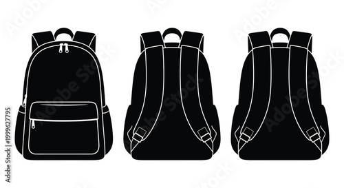 Three black and white backpack silhouettes displaying front side and back views silhouette high quality professional detailed modern elegant stylish clean