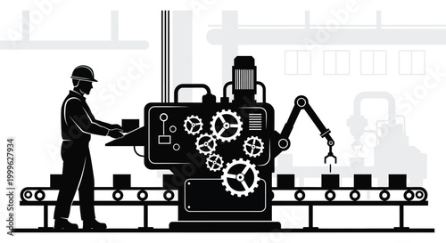 Factory worker operating machinery with robotic arm industrial production line silhouette high quality professional detailed modern elegant stylish clean crisp vibrant