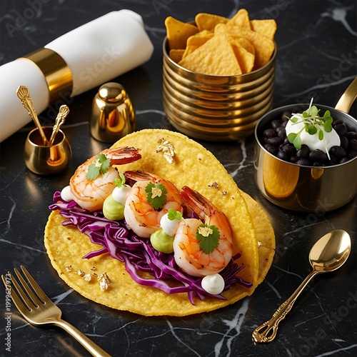 Tortilla with shrimp and vegetables on a marble table with gold utensils and dishes