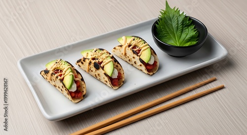 Tacos with avocado and sauce on a white rectangular plate with chopsticks