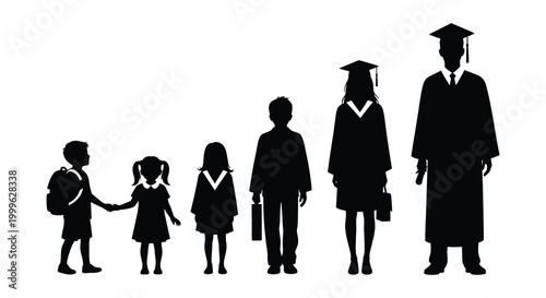 Growing up stages silhouette depicting children and graduate in black silhouette high quality professional detailed modern elegant stylish clean crisp vibrant