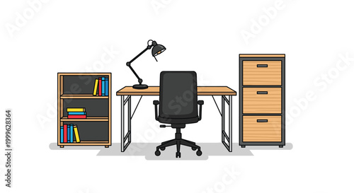Symmetrical home office interior contains a wooden desk with an adjustable lamp, black chair, and matching storage units.