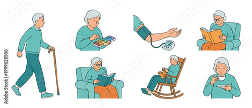 Senior Daily Activities Set, Elderly Lifestyle Icons, Old People Routine Characters, Health Care, Medication, Reading, Relaxing, Walking, Blood Pressure Check, Nursing Home Care Concept, Vector Illust