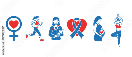 Women Health Icons Set: Female Fitness, Pregnancy, Medical Doctor, Awareness Ribbon and Yoga Pose for Wellness and Healthcare Concepts, Vector Illustration on White Background for Medical Communicatio