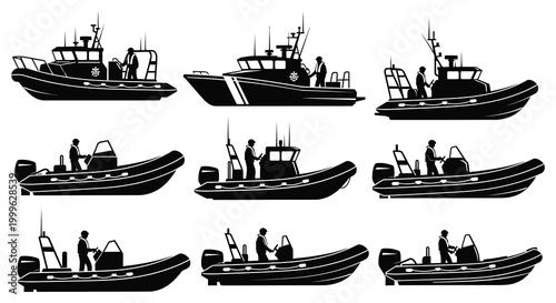 Collection of patrol boats and rescue vessels in black silhouette high quality professional detailed modern elegant stylish clean crisp vibrant colorful