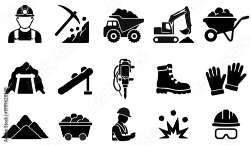 Mining, icon set. Extraction of minerals in the mine and surface, linear icons,vector mine.