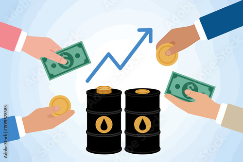 Hands exchanging money and coins with oil barrels and rising graph