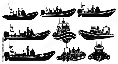 Collection of inflatable boats and speedboats in black silhouette high quality professional detailed modern elegant stylish clean crisp vibrant colorful digital