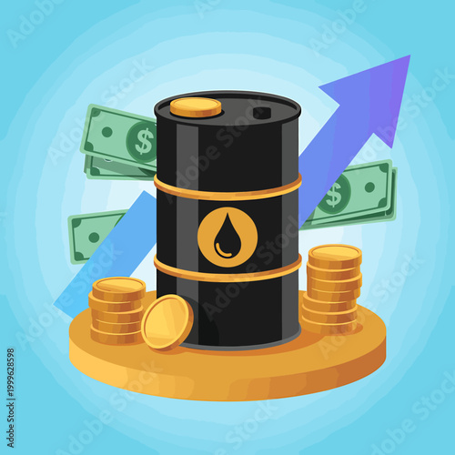 Oil barrel with coins and money on blue background with arrows
