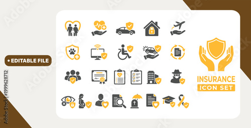 Insurance icon set. featuring life, health, car, home, travel, cyber, and business insurance symbols for financial and legal web design.