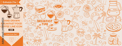 Hand drawn breakfast doodles set. Vector illustration of food and coffee icons in chalk, crayon drawing style for invitations, menus, parties. Minimalist line art. La dolce vita Italian style