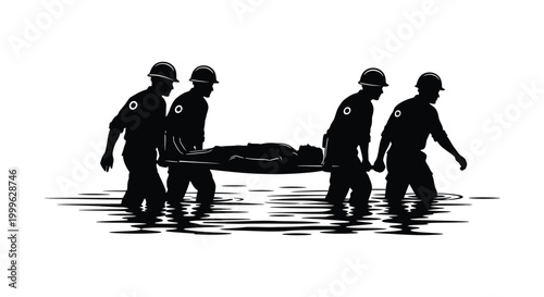 Four rescuers carrying a patient on a stretcher in water black silhouette high quality professional detailed modern elegant stylish clean crisp