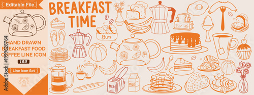 Hand drawn breakfast doodles set. Vector illustration of food and coffee icons in chalk, crayon drawing style for invitations, menus, parties. Minimalist line art. La dolce vita Italian style